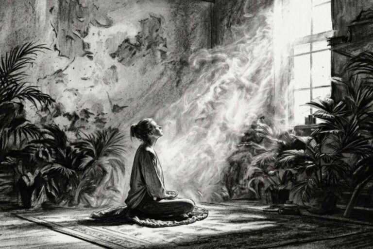 Femeie în rugăciune, cu fața spre lumină — ilustrație despre strigătul spiritual autentic și anxietate