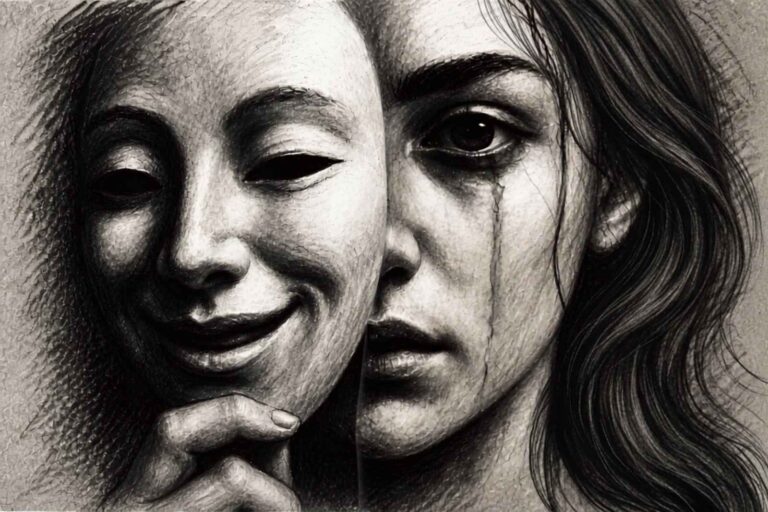 Femeie care plânge, ținând în mână o mască zâmbitoare — ilustrație despre masca socială și autenticitate
